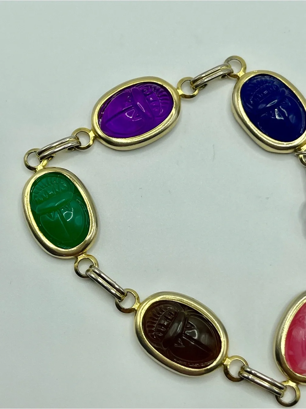 Multi-Color Scarab Link Bracelet - Gold Tone Accent Acrylic Plastic